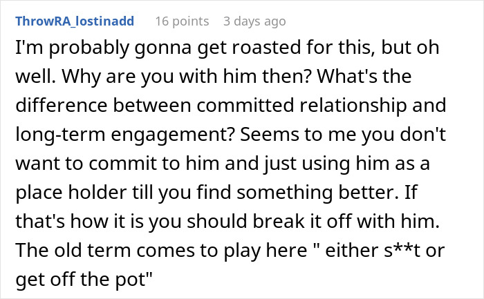 A Reddit comment discussing commitment issues in relationships with advice and candid opinions. A Reddit comment discussing commitment issues in relationships with advice and candid opinions.
