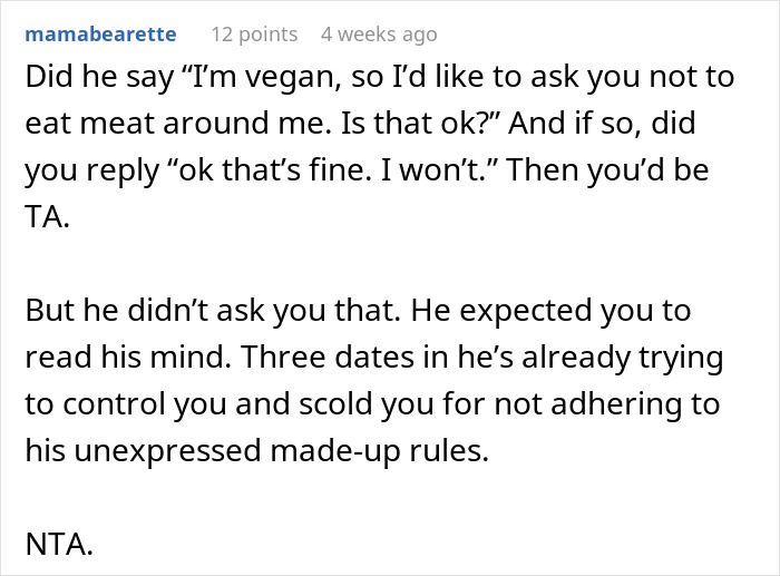 Text conversation about a woman eating a meat burger on a date with a vegan, labeled tactless. Text conversation about a woman eating a meat burger on a date with a vegan, labeled tactless.