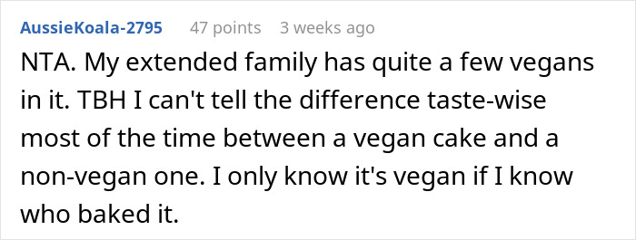 Reddit user comment discussing vegan cake preferences at weddings. Reddit user comment discussing vegan cake preferences at weddings.
