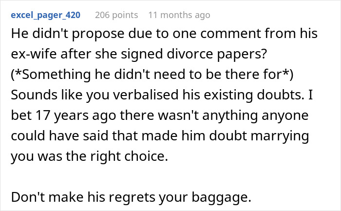 Screenshot of Reddit comment discussing ex-husband's regrets after a comment from ex-wife post-divorce. Screenshot of Reddit comment discussing ex-husband's regrets after a comment from ex-wife post-divorce.