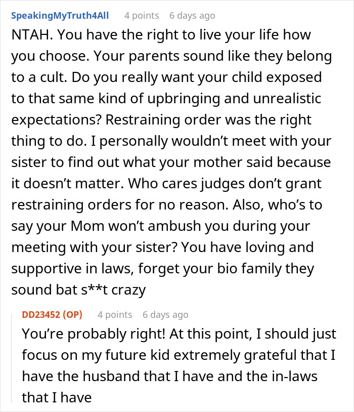 Screenshot of a conversation about a pregnant woman's conflicts with her family involving conservative values. Screenshot of a conversation about a pregnant woman's conflicts with her family involving conservative values.