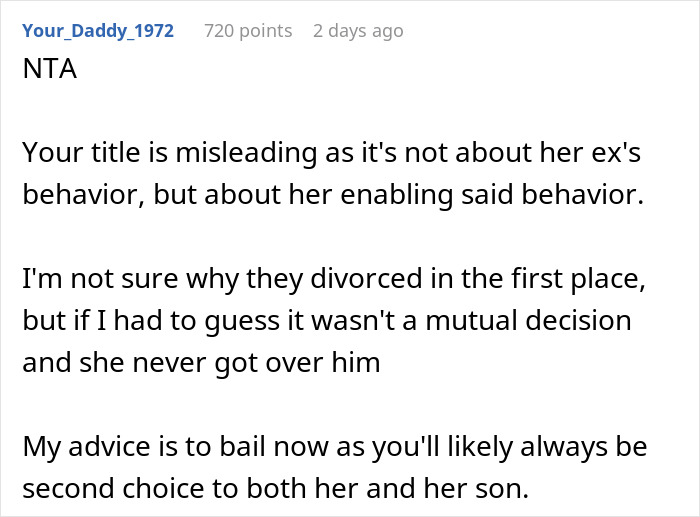 Comment discussing wife's ex being a jerk and advice on considering divorce. Comment discussing wife's ex being a jerk and advice on considering divorce.