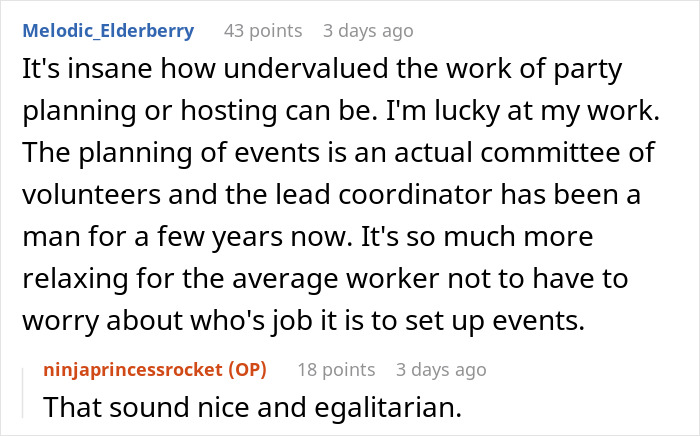 Comments discussing gender roles in office Christmas party planning with emphasis on egalitarian setup. Comments discussing gender roles in office Christmas party planning with emphasis on egalitarian setup.