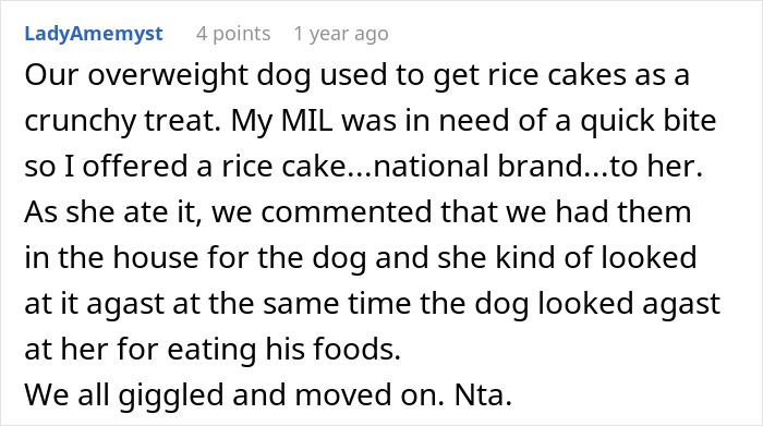 Text from a post about giving a dog rice cakes as a treat and a humorous mix-up with the MIL eating them. Text from a post about giving a dog rice cakes as a treat and a humorous mix-up with the MIL eating them.