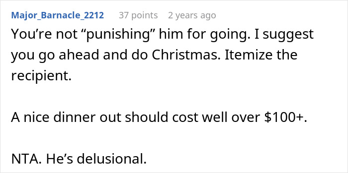Reddit comment discussing holiday budgeting and relationship advice. Reddit comment discussing holiday budgeting and relationship advice.