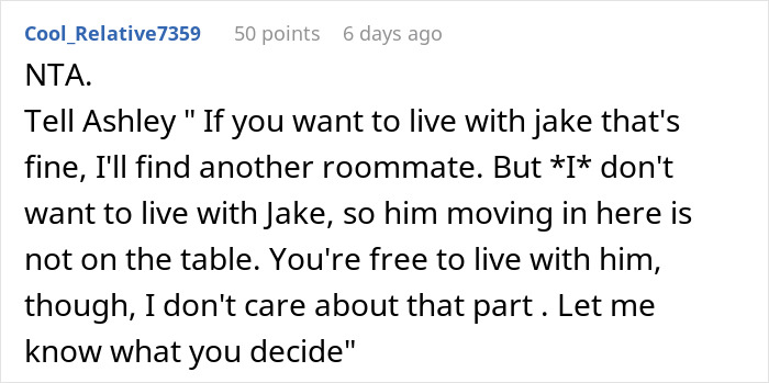 Comment discussing refusal of roommate's boyfriend moving in without consent. Comment discussing refusal of roommate's boyfriend moving in without consent.