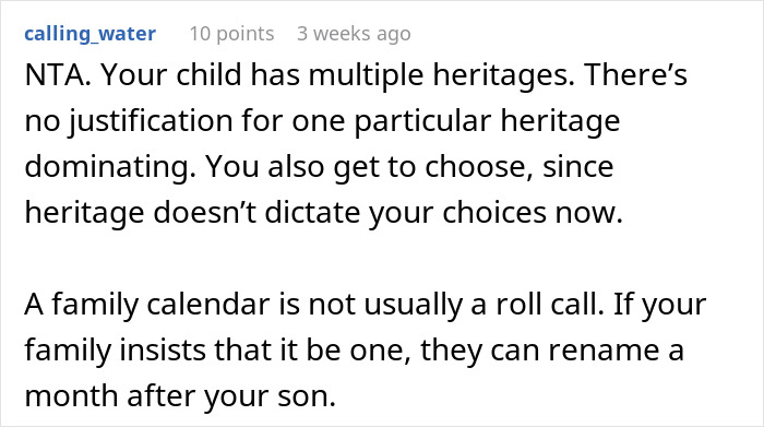 Comment discussing breaking family tradition in naming a baby, emphasizing choice over heritage dominance. Comment discussing breaking family tradition in naming a baby, emphasizing choice over heritage dominance.