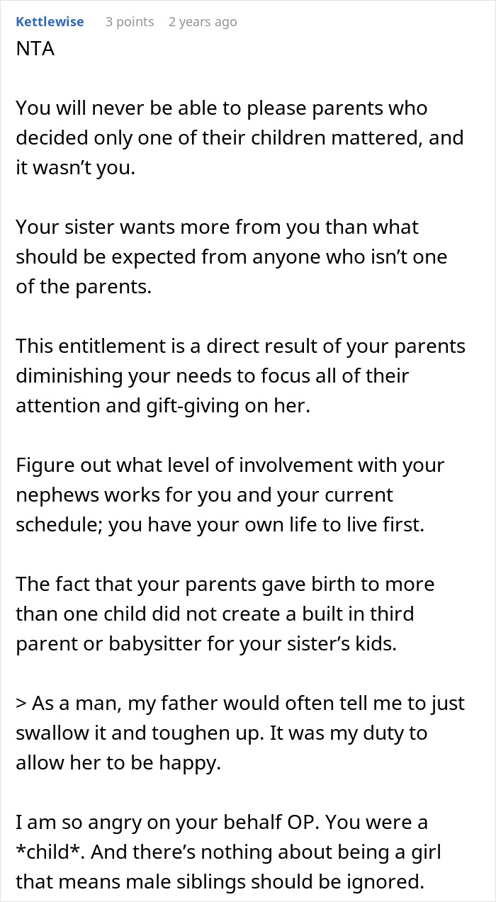 Reddit comment about refusing to babysit sister's kids for vacation, discussing family dynamics. Reddit comment about refusing to babysit sister's kids for vacation, discussing family dynamics.