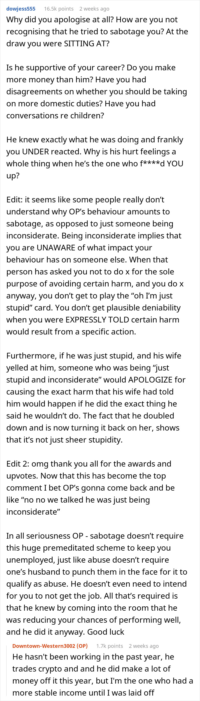 Reddit comment criticizes a husband for interrupting his wife's important job test. Reddit comment criticizes a husband for interrupting his wife's important job test.