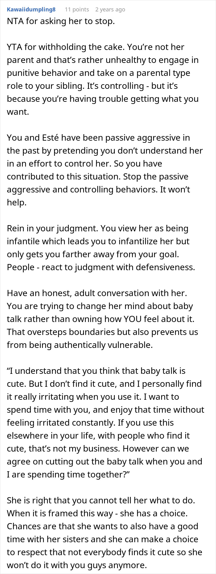 Reddit comment discussing issues with a 27-year-old using "baby talk" and relationship dynamics. Reddit comment discussing issues with a 27-year-old using "baby talk" and relationship dynamics.