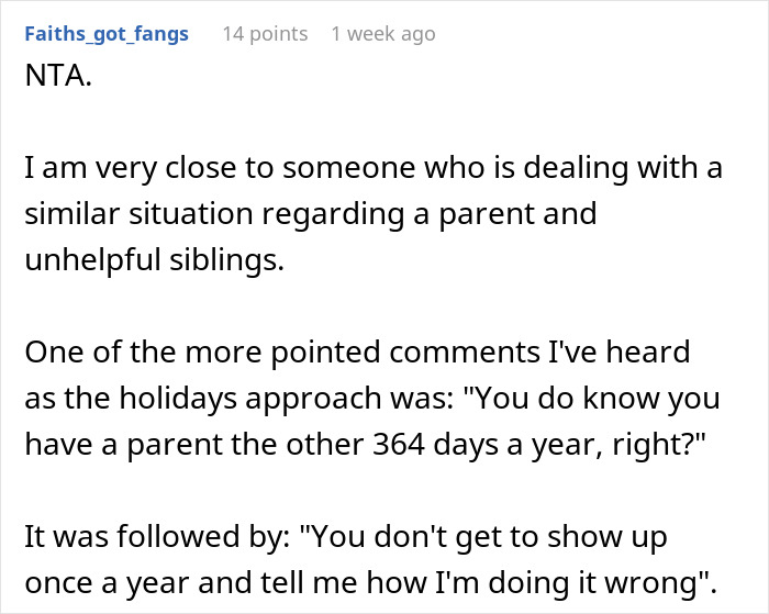 Text post discussing family dynamics over care facility decision and unhelpful siblings during holidays. Text post discussing family dynamics over care facility decision and unhelpful siblings during holidays.