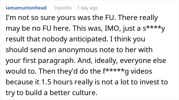 Reddit comment discussing an HR director's unexpected reaction at work. Reddit comment discussing an HR director's unexpected reaction at work.