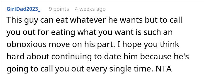 Comment discussing a woman being criticized for ordering a meat burger while on a date with a vegan. Comment discussing a woman being criticized for ordering a meat burger while on a date with a vegan.