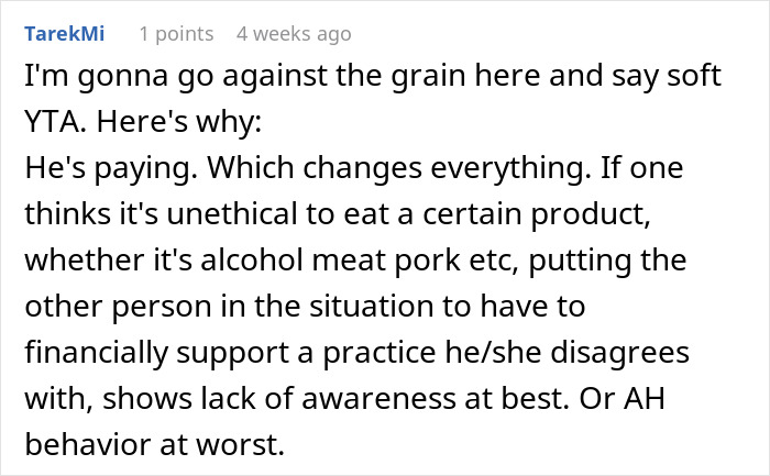 Comment discussing ethics of eating meat on a date with a vegan. Comment discussing ethics of eating meat on a date with a vegan.