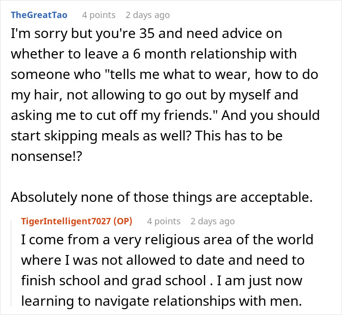 Text exchange discussing a woman's boyfriend's controlling behavior after moving in together. Text exchange discussing a woman's boyfriend's controlling behavior after moving in together.