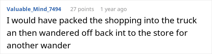 Comment about grocery loading in a Costco parking lot, mentioning shopper's approach. Comment about grocery loading in a Costco parking lot, mentioning shopper's approach.