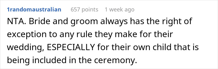 Reddit comment justifying a bride having her child at her child-free wedding. Reddit comment justifying a bride having her child at her child-free wedding.