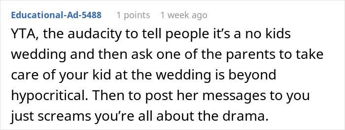 Comment criticizes bride for bringing 11-month-old to her child-free wedding, calling it hypocritical. Comment criticizes bride for bringing 11-month-old to her child-free wedding, calling it hypocritical.