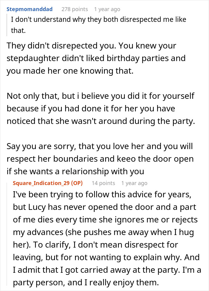 Reddit post discussing a stepdaughter running away from an expensive party thrown by her stepmother. Reddit post discussing a stepdaughter running away from an expensive party thrown by her stepmother.