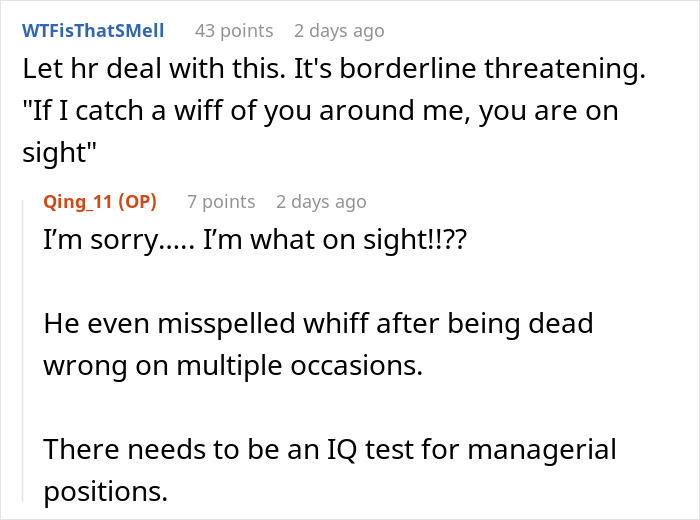 Text exchange criticizing a manager's spelling mistake in a workplace dispute. Text exchange criticizing a manager's spelling mistake in a workplace dispute.
