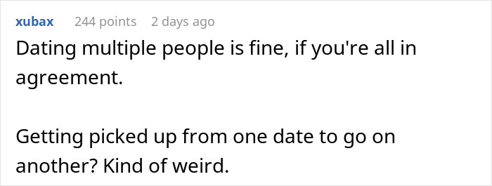 Screenshot of a comment discussing dating multiple people and navigating awkward situations on dates. Screenshot of a comment discussing dating multiple people and navigating awkward situations on dates.