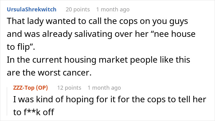 Text exchange about a woman wanting to call the cops, reflecting on petty revenge amidst housing market tensions. Text exchange about a woman wanting to call the cops, reflecting on petty revenge amidst housing market tensions.