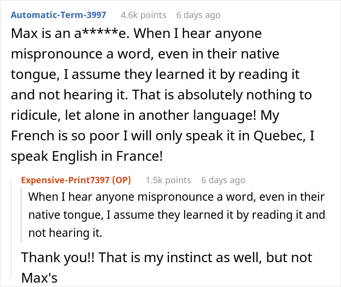 Reddit user shames judgmental American mocking mispronunciation, explaining language learning differences. Reddit user shames judgmental American mocking mispronunciation, explaining language learning differences.