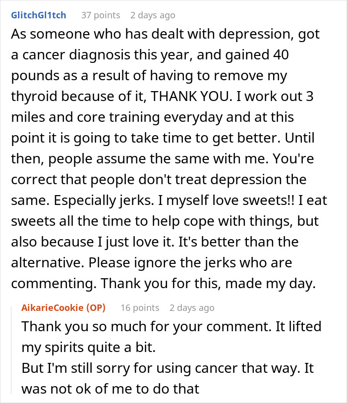 Reddit comments about overcoming depression and dealing with jerks, related to buying candy as a coping mechanism. Reddit comments about overcoming depression and dealing with jerks, related to buying candy as a coping mechanism.