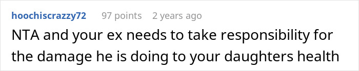 Reddit comment criticizing ex-husband for feeding daughter junk food, impacting her health. Reddit comment criticizing ex-husband for feeding daughter junk food, impacting her health.