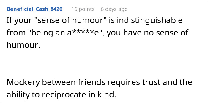 A Reddit post discussing judgmental behavior and mockery among friends. A Reddit post discussing judgmental behavior and mockery among friends.