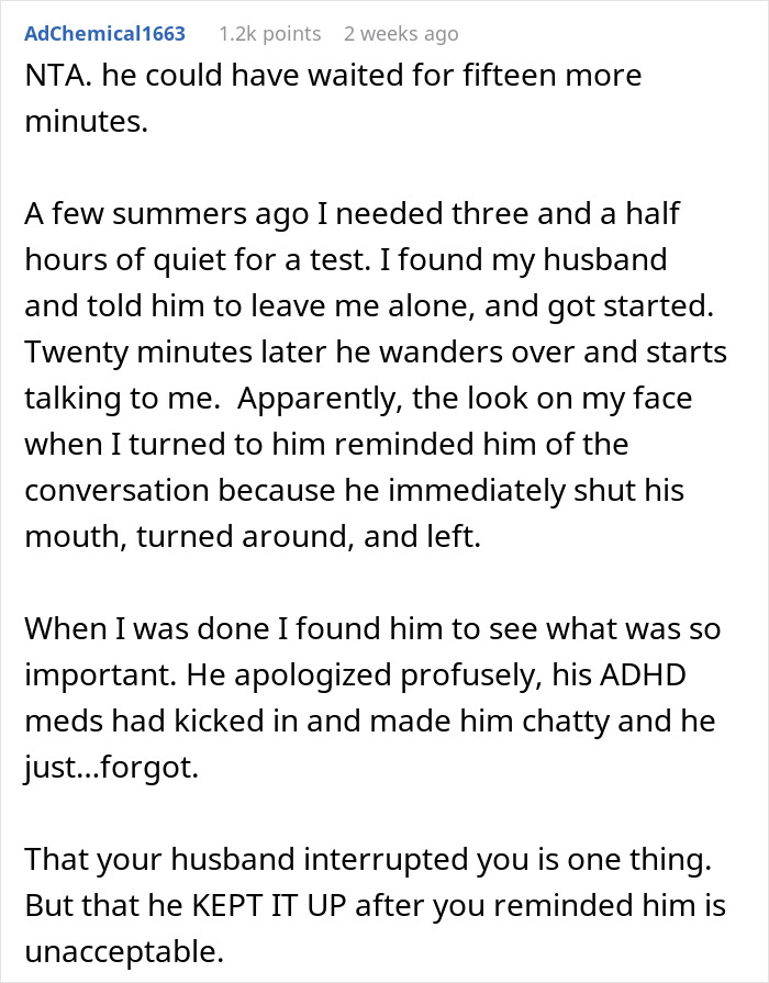 Text describing a wife's frustration over her husband's interruptions during a crucial test. Text describing a wife's frustration over her husband's interruptions during a crucial test.