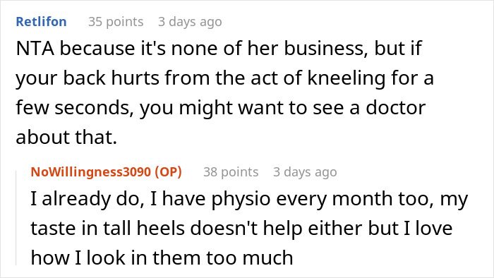 Online forum discussion about the MIL confrontation, focusing on personal health and fashion choices. Online forum discussion about the MIL confrontation, focusing on personal health and fashion choices.