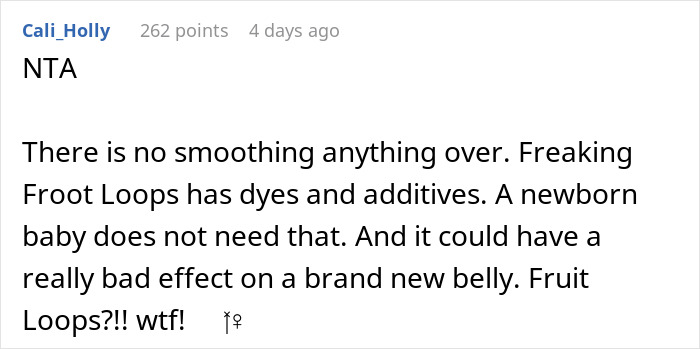 Text screenshot discussing concerns about baby diet additives, mentioning Froot Loops and its effects on a newborn's stomach. Text screenshot discussing concerns about baby diet additives, mentioning Froot Loops and its effects on a newborn's stomach.