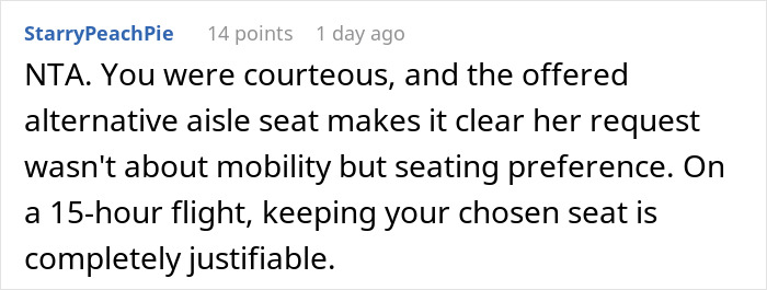 Reddit comment discussing refusing a seat switch due to false mobility claims on a flight. Reddit comment discussing refusing a seat switch due to false mobility claims on a flight.