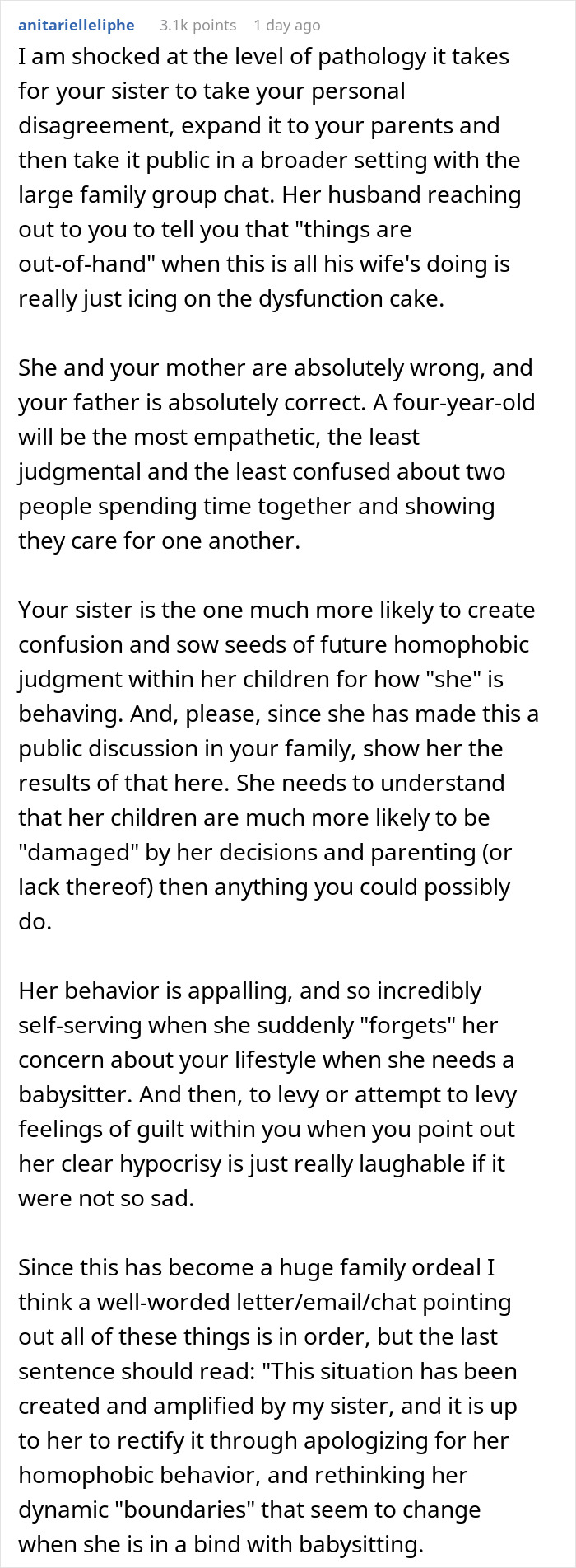 Reddit comment discussing family dynamics and a sister’s demands related to babysitting. Reddit comment discussing family dynamics and a sister’s demands related to babysitting.