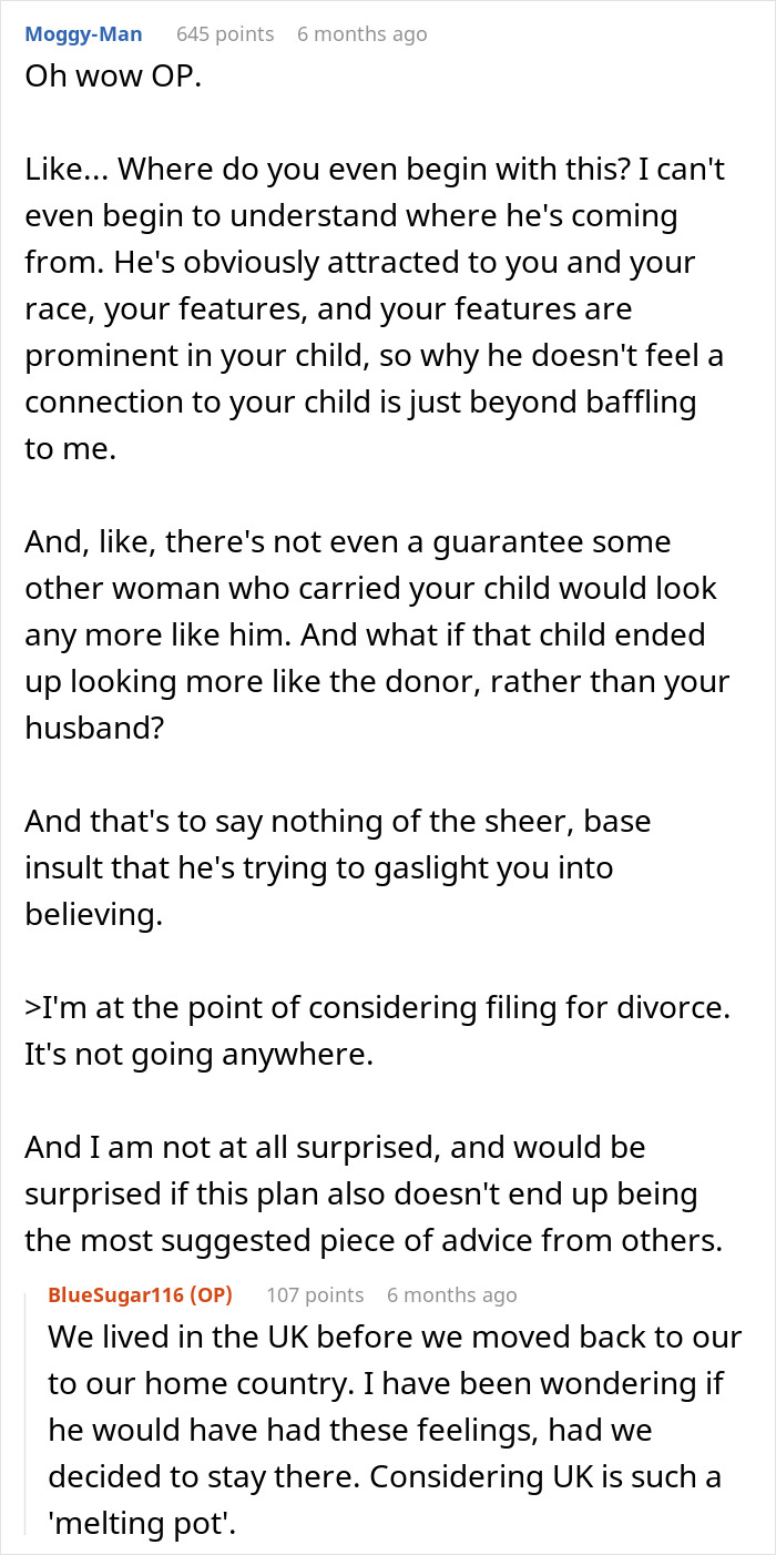 Reddit comment discussing a man's struggle to connect with his child due to her Asian features, causing conflict. Reddit comment discussing a man's struggle to connect with his child due to her Asian features, causing conflict.