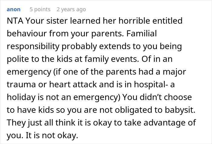 Text conversation about refusing to babysit sister's kids during vacation. Text conversation about refusing to babysit sister's kids during vacation.