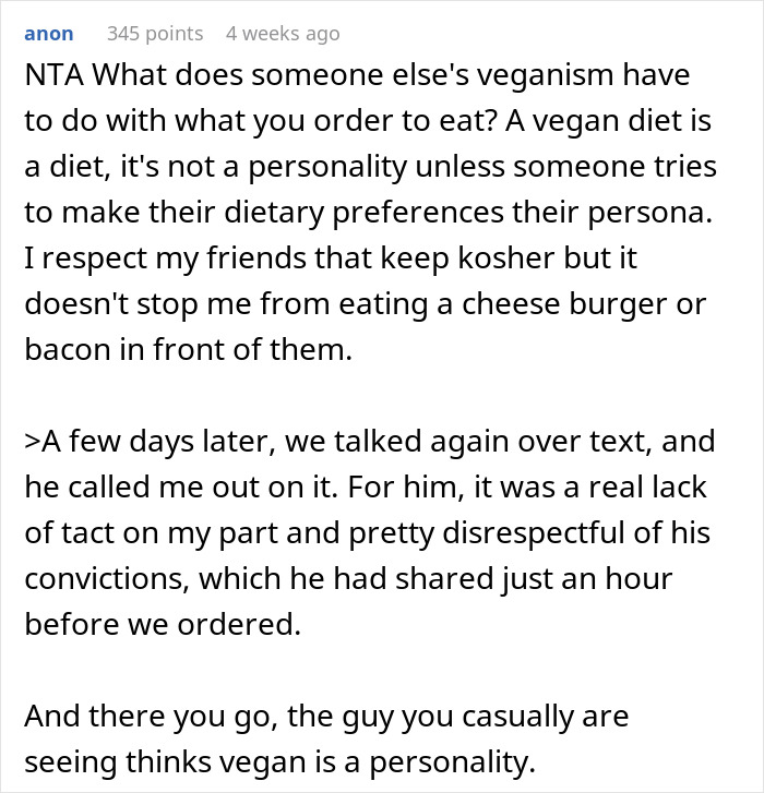 Text from Reddit discussing vegan dietary preferences and tact in social situations. Text from Reddit discussing vegan dietary preferences and tact in social situations.