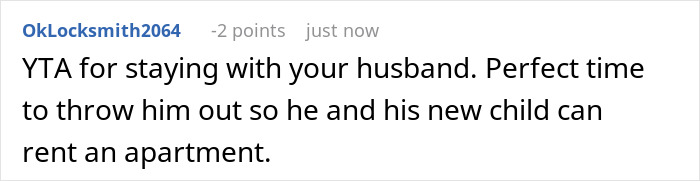 Comment expressing criticism towards a mom's decision on husband's affair baby. Comment expressing criticism towards a mom's decision on husband's affair baby.