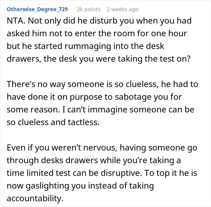 Screenshot of a Reddit comment criticizing a husband's interruption during a woman's job test. Screenshot of a Reddit comment criticizing a husband's interruption during a woman's job test.