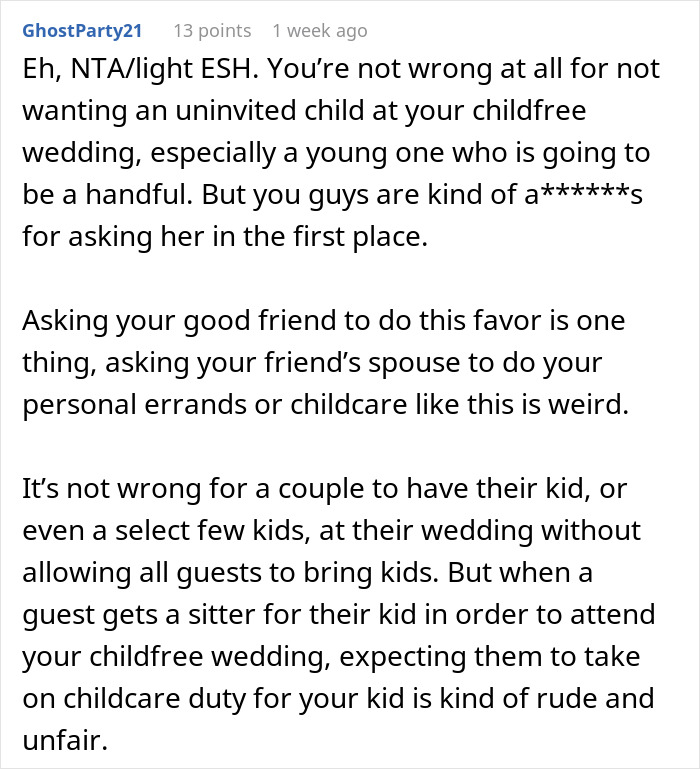 Text discussing hypocrisy of bride bringing her child to her child-free wedding. Text discussing hypocrisy of bride bringing her child to her child-free wedding.