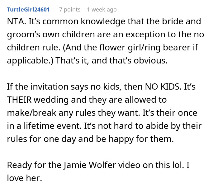 Text screenshot discussing child-free wedding rules and exceptions. Text screenshot discussing child-free wedding rules and exceptions.
