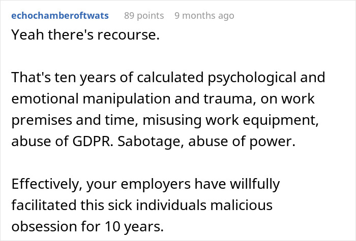 Text from a post discussing career sabotage and manipulation by an IT worker over a decade. Text from a post discussing career sabotage and manipulation by an IT worker over a decade.