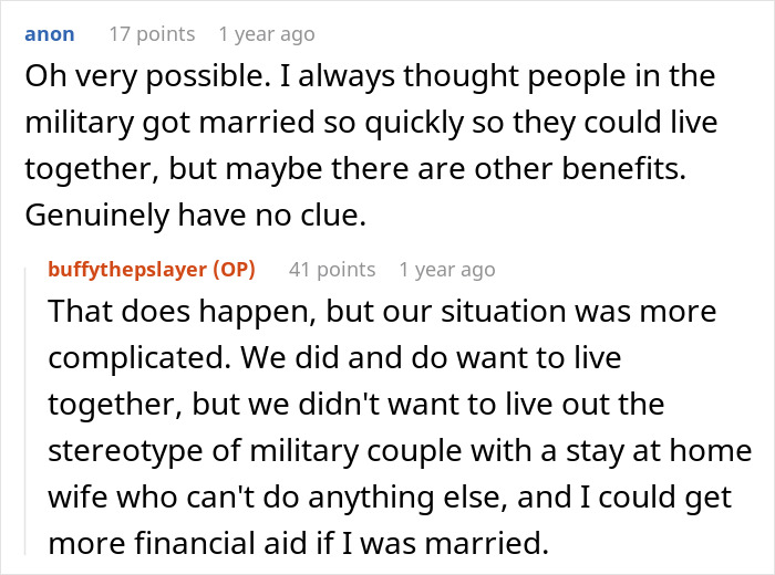 Reddit comments discussing military marriage and living arrangements among roommates. Reddit comments discussing military marriage and living arrangements among roommates.