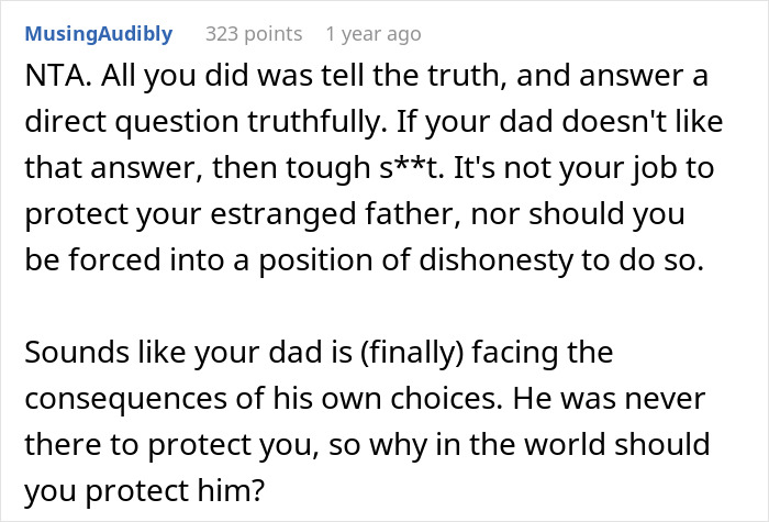 Text screenshot related to being a terrible father and facing consequences from daughter. Text screenshot related to being a terrible father and facing consequences from daughter.