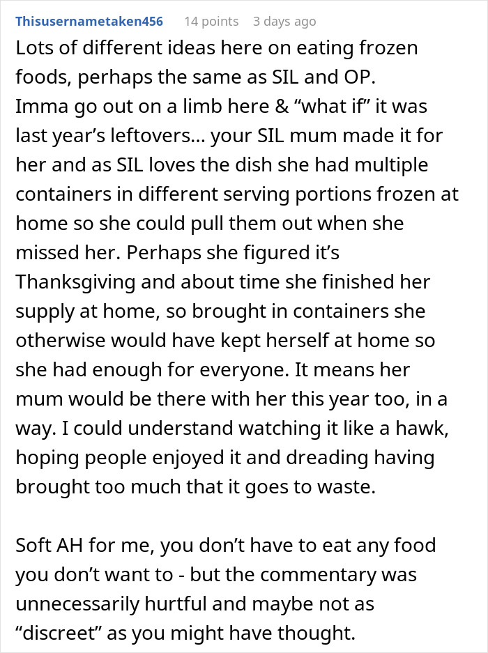 Reddit post discussing Thanksgiving dish suspected as last year’s leftovers. Conversation on frozen foods and etiquette. Reddit post discussing Thanksgiving dish suspected as last year’s leftovers. Conversation on frozen foods and etiquette.