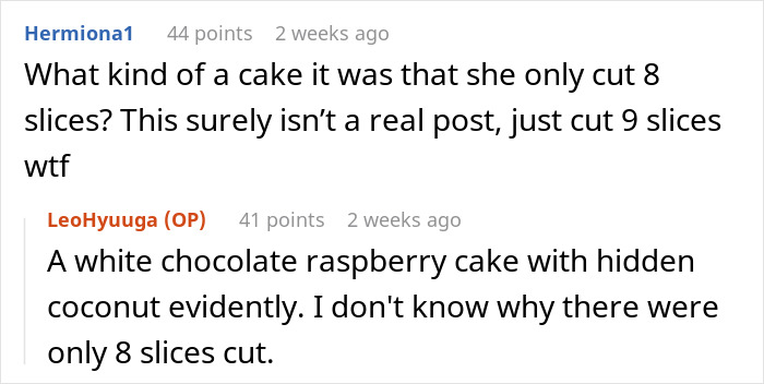 Screenshot of a humorous exchange discussing a cake-cutting dilemma at a friend’s birthday party. Screenshot of a humorous exchange discussing a cake-cutting dilemma at a friend’s birthday party.