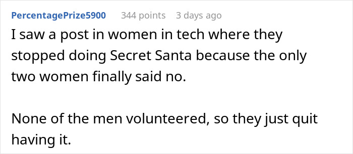 Text post about a halted Secret Santa in tech, highlighting men not stepping up after women declined participation. Text post about a halted Secret Santa in tech, highlighting men not stepping up after women declined participation.