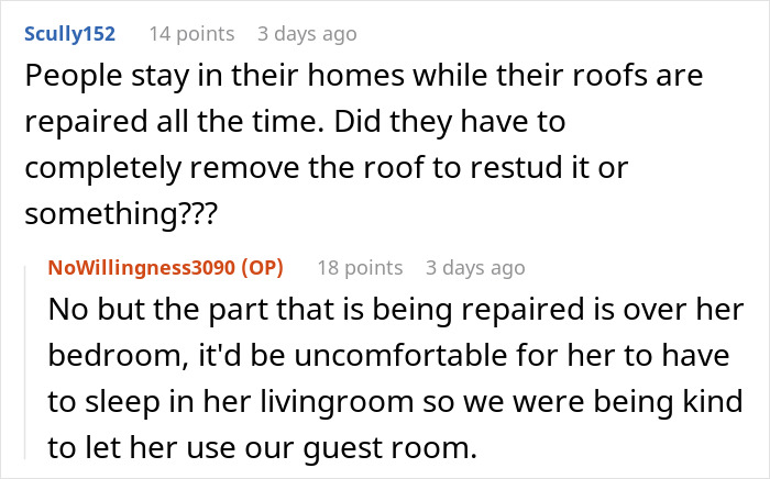 Reddit comment exchange about housing repairs; mentions discomfort due to bedroom roof issues. Reddit comment exchange about housing repairs; mentions discomfort due to bedroom roof issues.