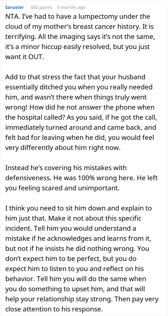 Reddit comment discussing a husband's defensiveness after leaving wife during surgery. Reddit comment discussing a husband's defensiveness after leaving wife during surgery.